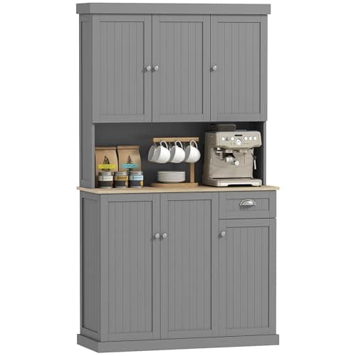 Image of HOMCOM 180cm Kitchen Cupboard with 6 Doors, 101cm Wide Modern Kitchen Storage Cabinet with Microwave Oven Countertop, Drawer, Adjustable Shelves and Cable Hole, Grey