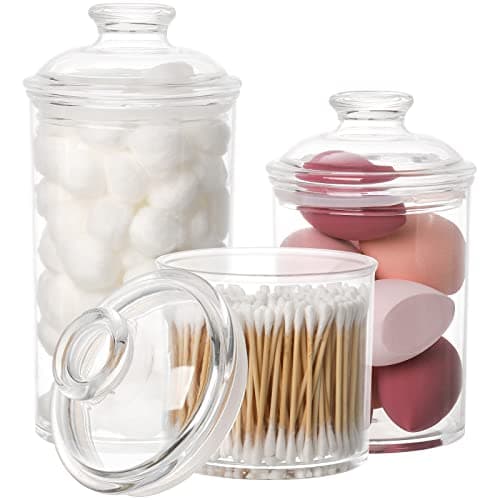 Image of Lyellfe 3 Sizes Acrylic Apothecary Jars, Vanity Organizer Canister with Airtight Lids, Bathroom Qtip Holder, Clear Storage Jar for Candy, Bath Salt, Cotton Ball, Cotton Swab, 34 oz, 25 oz, 17 oz