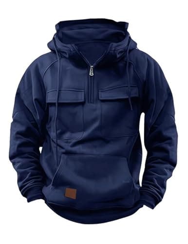 Image of Volemo Mens Hoodies Zip up Cotton Cargo Hoodie Tactical Hooded Sweatshirt Long Sleeve Tops Hoody with Pockets Blue L
