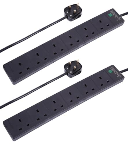 Image of PRO ELEC 6 Gang Surge Protected Extension Lead, 5m, Black – 2 Pack, 13A UK Plug, BS 1363/A Compliant