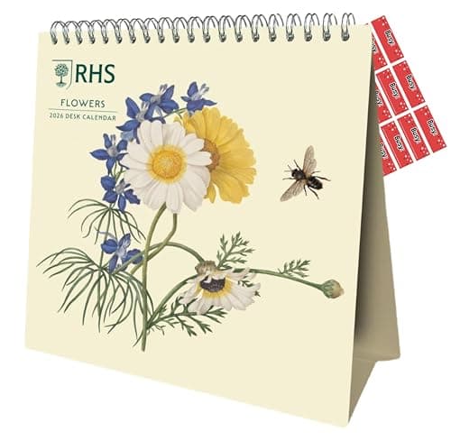 Image of Royal Horticultural Society Calendar 2027 RHS Flowers Desk Easel Style Calendar with Free Organisational Stickers Included