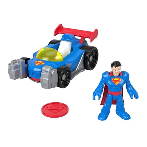Image of Fisher-Price Imaginext DC Super Friends Metal Force Supermobile Toy Car, 3-inch Superman Action Figure & Accessories Set, Includes Launcher & 2 Discs, JFJ69
