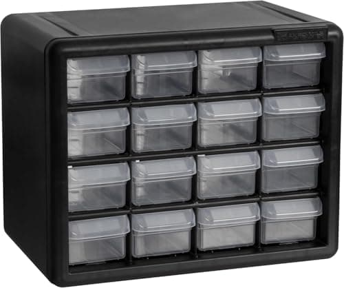 Image of Akro-Mils 10116 16-Drawer Plastic Drawer Storage Cabinet for Garage Organization, Teacher Toolbox, Makeup Organizer, and More, 26.7 cm W x 16 cm D x 21.6 cm H, Black