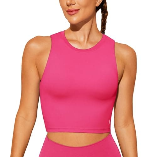 Image of BAYDI Sports Bra Removable Padded Crop Tops High Neck Tank Tops with Built in Bra Longline Yoga Workout Top Shocking Pink