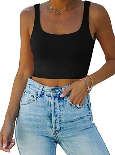 Image of REORIA Women’s Sexy Square Neck Double Lined Seamless Sleeveless Cropped Tank Yoga Crop Tops Black M
