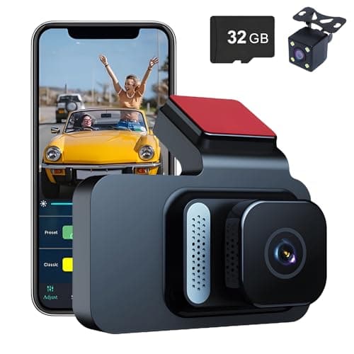 Image of 1080P WiFi Dual Dash Cam with Night Vision, Memory Card Included, Built-in Wi-Fi GPS, Night Vision, 150°Wide Angle, WDR, 24H Parking Mode (with 32G Memory Card)