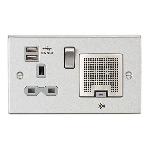 Image of Knightsbridge CS9905BCG Socket, 2.4 A USB Chargers & Bluetooth Speaker, Square Edge Brushed Chrome with Grey Insert, 13 A