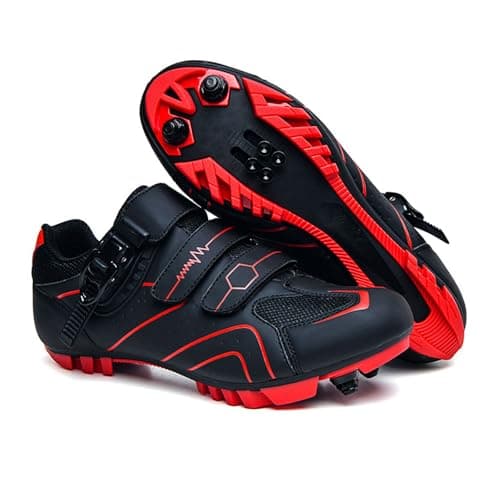 Image of Meiju Men's MTB Cycling Shoes SPD Compatible Unisex Sneaker Breathable Women Mountain Bike Shoes Black Red Size 7 UK
