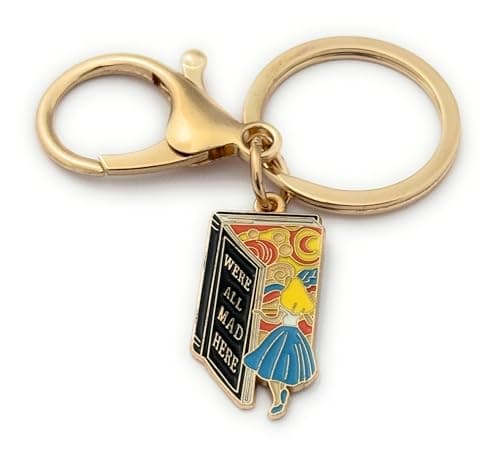 Image of FizzyButton Gifts We're All Mad Here Alice in Wonderland Gold Tone Keyring Key Ring and Lobster Clasp with Enamel Charm
