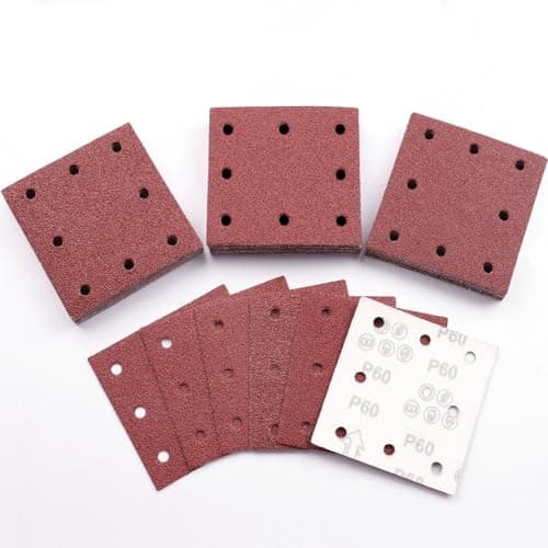 Image of Sruhrak 110x115mm Sandpaper, 50 Pieces Sanding Sheets Hook and Loop Sanding Pads 60 Grits Rectangular Sander Paper Set for Bosch Electric Sander Polishing, Rust Removal