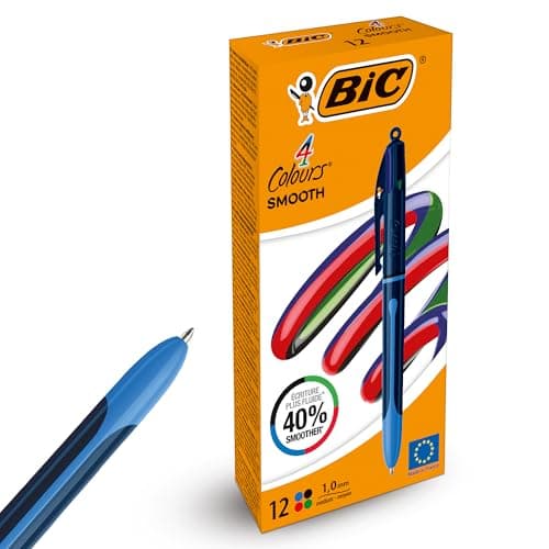 Image of BIC 4-Colour Smooth Pens, Retractable Multi Colour Pen with Blue Black Red Green Inks, Refillable 1.0mm Ballpoint, Pocket Clip, for School, Office and Colour Coding 12 Pack
