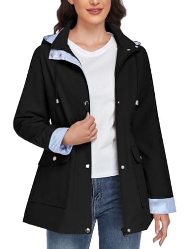 Image of CMTOP Waterproof Jacket for Women Lightweight Hooded Jackets Casual Softshell Jacket with Striped Lining Functional Outdoor Windbreaker Breathable Rain Coat with Pockets(Black, L)