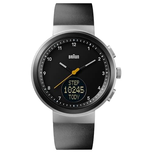 Image of Braun Analogue Quartz Watch with Digital Display with Calendar and Step Count, Black Dial and Black Silicone Rubber Strap, 45mm Stainless Steel Case, Model BN0299NBKBKG