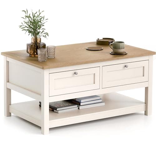 Image of CHRISTOW Coffee Table with Storage & Oak-Effect Top, Lower Shelf & 2 Pull-Down Drawers, Modern 2-Tier Living Room or Bedroom Table, Sturdy MDF Frame, Matte Painted – Cream, H43cm x W86cm x D55cm