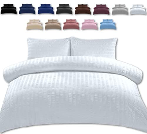 Image of TheWhiteWater Single Bed Duvet Set - 2 in 1 Seersucker Bedding Set - Single Duvet Cover + Matching Pillowcase - Virgin Polyester of Microfibre (White, Single - Duvet Cover ONLY)