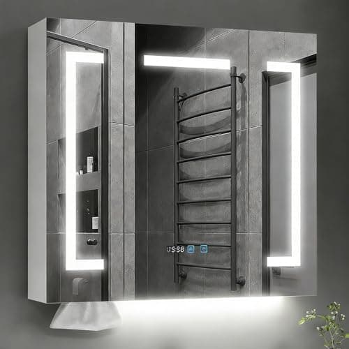 Image of ARTETHYS Bathroom Mirror Cabinets, 70x75cm Bathroom Wall Cabinets with 3 Color LED Lights, Charging Station, Mirrored Bathroom Cabinet with 3 Doors, Demister, Shaver Socket, Adjustable Shelves