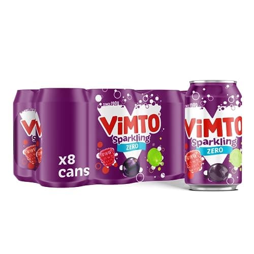 Image of Vimto Zero Carbonated Fruit Drink – 6 × 330 ml Cans – Mixed Fruit Sparkling Beverage, High-Caffeine, Zero Sugar & Vegetarian-Friendly