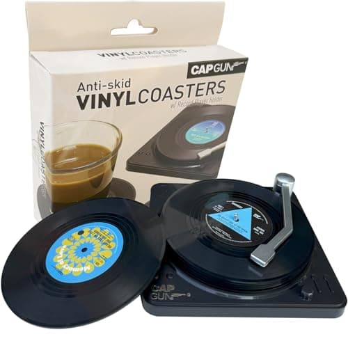 Image of Funny Retro Record Coasters for Drinks with Vinyl Player Holder,Novelty 6 Pieces Vinyl Disk Coasters for Drinks,Bars,Party,Birthday Gifts for Music Lovers,Home Decor (Classic style)