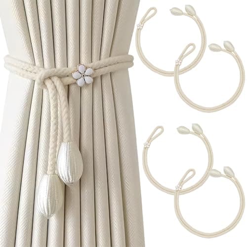 Image of SUBTAVIK Curtain Tiebacks, 4 Pack Curtain Rope Buckle Elegant Boho Style Curtain Tiebacks Hand-Knitted Curtain Tie Backs for Home, Office, Living Room, Bedroom (Beige)