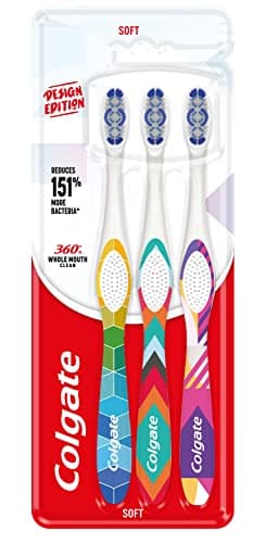 Image of Colgate 360 Whole Mouth Clean Design Edition Toothbrush | Soft Bristle Toothbrush | Slim tip interdental bristles | polishing Cups Help to Remove Stains | Cheek and Tongue Cleaner | Designer Handles