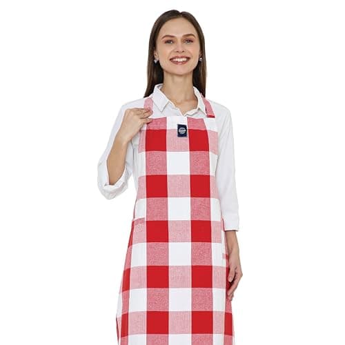 Image of Encasa XO Adjustable Kitchen Cotton Apron With Pockets & Towel Holder Of Size 68x85 cm (Buffalo Red Checks) for Men & Women Chefs For Cooking & Baking in Home, Restaurants & Barbeque