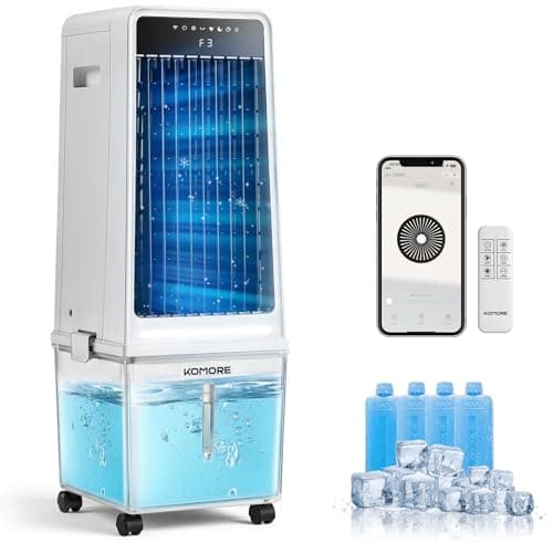 Image of KOMORE 14L Capacity Evaporative Air Cooler, 3-in-1 Portable Air Cooler Fan with APP/Remote, 12H Timer, 3 Modes & 3 Speed, LED Lights and Displays, Tower Cooling Fan for Bedroom, Home, Office, Outdoor