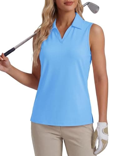 Image of MAGCOMSEN Women's Sleeveless Casual Golf Polo Shirts Sports Tennis UPF 50+ Breathable Moisture Wicking Gym Vest Tops V Neck Waterfall Blue,M