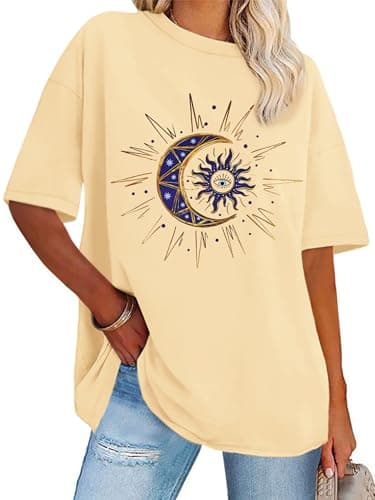 Image of Womens Oversized Tshirt Graphic Tees Crew Neck Summer Short Sleeve Loose Fit Tops, Beige Sun Moon, S