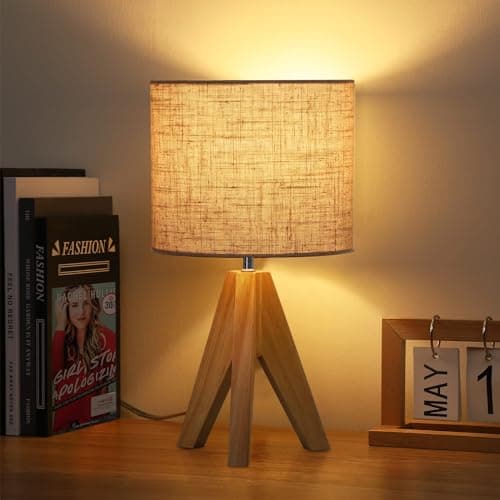 Image of EDISHINE 36cm Wood Bedside Table Lamp, Tripod Desk Lamp with Beige Linen Lampshade, On-Off Switch, Desk Lamps for Reading, Bedroom, Living Room, Study, Office, E27 Base