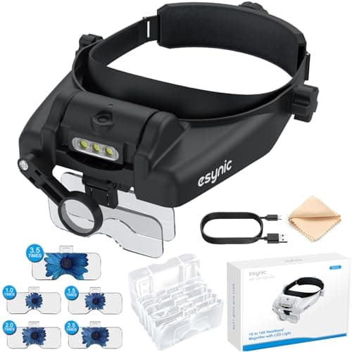 Image of eSynic Headband Magnifier Professional 1X to 14X Head Magnifying Glass With Light Rechargeable Headset Magnifying Glasses With 3 LEDS &5 Detachable Lenses for Reading, Craft Work, Hobbies, etc