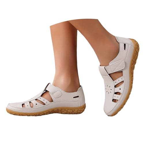 Image of Momolaa UK 6 Closed Toe Sandals for Women Wide Fit Athletic Walking Sandal Slip on Comfortable Cutout Hiking Touch Close Strap Sandals Summer Shoes Beige Ladies Footwear Gifts