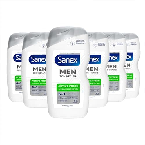 Image of Sanex Men Skin Health Active Fresh Shower Gel 400ml X 6- Dry Skin Body Wash For Men - Controls Body Odour For 24 Hours - Deeply Hydrates - 6-in-1 Benefits - Dermatologically Tested - 0% Sulphates*