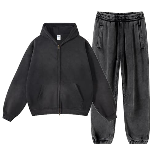 Image of Botong Girl Womens Casual Tracksuit Set Two Piece Fall Winter Outfits Men Fleece Acid Wash Vintage Hoodie Sweatshirt with Pocket Jogger Sweatpants Y2K Sweatsuit Black Size L