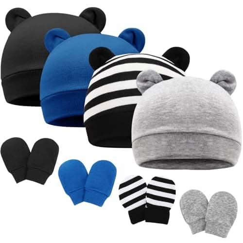 Image of AQOKKA 4 Pcs Newborn Baby Bear Ear Hats and Mittens Set Infant Beanie Caps Newborn Hospital Hat for Baby Boy Girl 0-3 Months