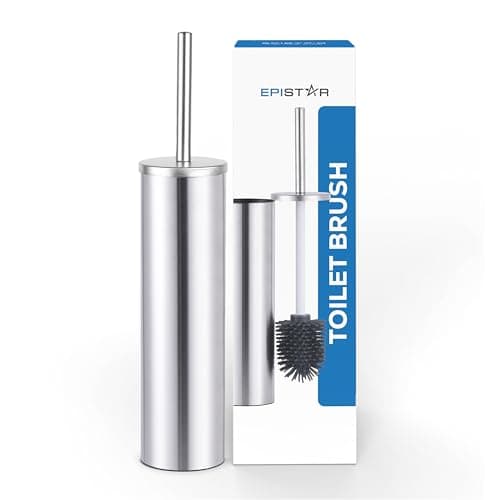 Image of EPISTAR Silicone Toilet Brush & Holder Set - Stainless Steel - Replacement Heads Available - 45cm Tall - Toilet Brush Silicone with Long Handle (Silver)