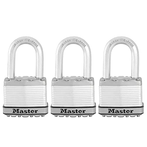 Image of MASTER LOCK Pack of 3, Heavy Duty Padlocks, Security Level 9/10, Outdoor, Keyed, Laminated Steel, Weatherproof, Medium Shackle