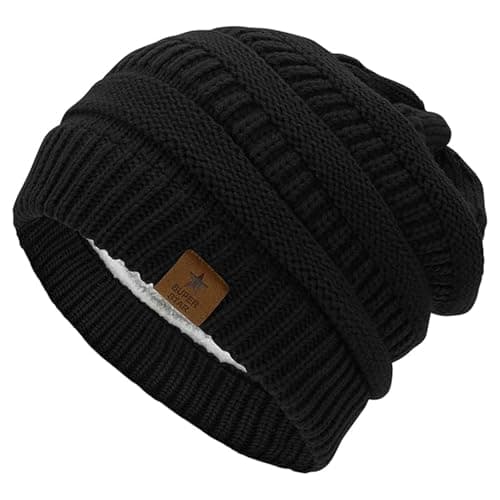 Image of BDGYCK Knit Beanie Hat for Ladies, Winter Warm Knitted Beanies Ladies Thermal Hat, Fleece Line Ski Skull Cap Slouchy Winter Hats for Women Outdoor, Chunky Soft Cable Knit Cap Black