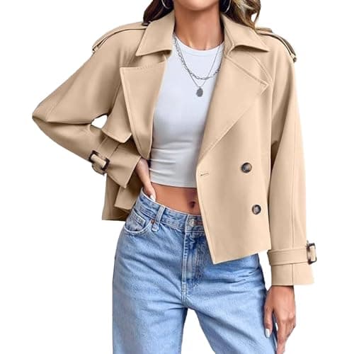 Image of Womens Winter Coats Cropped Trench Coat for Women Womens Crop Double Breasted Trench Coat Work Crop Jacket with Pockets