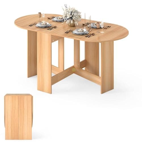 Image of TANGZON Folding Drop Leaf Dining Table, 163x80x75cm Extendable Kitchen Table, Space Saving Wooden Desk for Kitchen Dining Room Living Room Office Small Space (Natural)