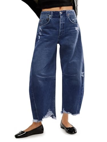 Image of Cicy Bell Womens Baggy Barrel Jeans Cropped Boyfriend Wide Leg Raw Hem Denim Pants, Navy, 14