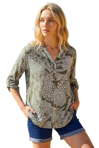 Image of Roman Shirt for Women UK Ladies Top Collarless Blouse Stretchy Tunic Smart Casual Autumn Winter Jersey 3/4 Length Sleeve Notch V Neck Flattering Office Work - Floral Puff Sage - Size 16