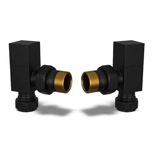Image of UK Radiators Square Black Radiator Valve Pair - Black Matt Finish - Classy and Modern Design 1/2" x 10mm Angled Radiator Valve Pair - Pair of Valves
