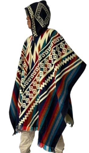Image of Alpaca Wool Poncho for Men – Western Cowboy Style Inspired by Clint Eastwood – Handmade, White, Blue and Red, One size