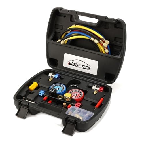 Image of AURELIO TECH 2020 UPGRATE Version 4 Way A/C Manifold Gauge Set Fits R134A R410A R404A R22 Refrigerants with 5FT Hose, 3 Acme Tank Adapters, Adjustable Couplers and Can Tap