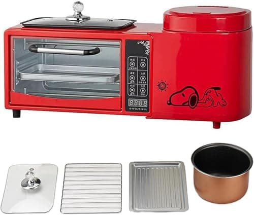 Image of 4 In 1 Breakfast Station, Smart Breakfast Maker Machine with 2-layer Oven, 1L Electric Steamer and Electric Frying Pan, Independent Temperature Control,Touch Screen Design,Suitable for Home Use red