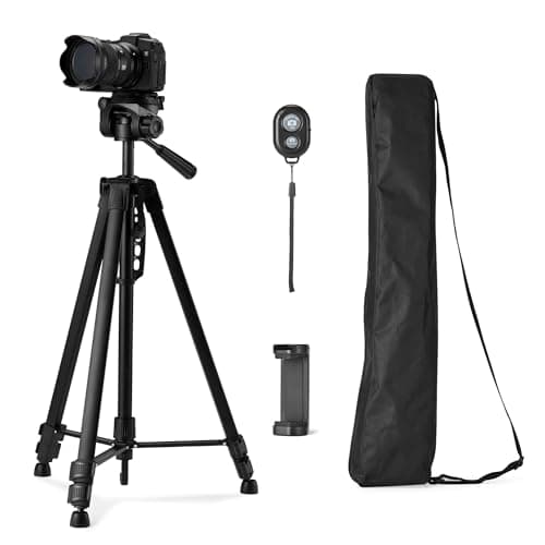Image of Amazon Basics 152cm/60inch Phone and DSLR Camera Tripod, Lightweight, with Bag, Wireless Remote Control and Phone Holder, Adjustable Height, Black