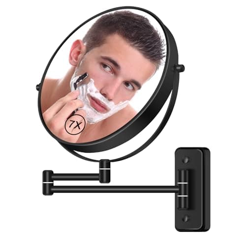 Image of BTremary 8” Wall Mounted Bathroom Shaving Mirror, Save 10-13in of Space,1X/7X Wall Mount Magnifying Mirror Swing Arm, 360° Swivel Makeup Mirror for Men and Women in Hotel/Home, Black