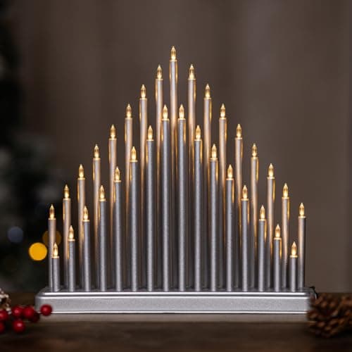 Image of Marco Paul Silver Christmas Candle Bridge - 33 Warm White LED Candle Battery Operated - Large Xmas Candle Arch for Windowsill, Mantelpiece or Fireplace - Light up Christmas Decorations