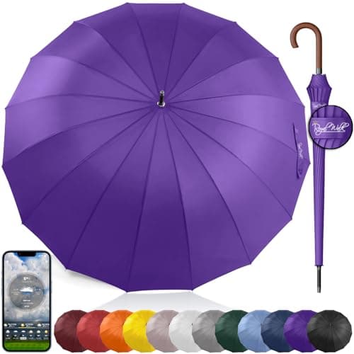 Image of Royal Walk Windproof Umbrella Black Large 54 Inch Automatic Open for 2 Persons Stormproof for Men Women Classic Wooden Handle Lightweight Waterproof Durable Strong 16 Ribs Travel Golf 120cm Purple