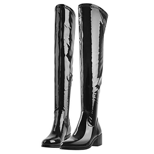 Image of MissHeel Low Heel Thigh High Boots for Women Black Tall Boots Chunky Heel Slim Calf Size 13